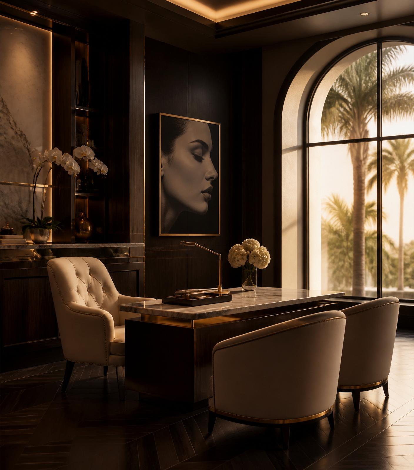 Private consultation suite at Goel Plastic Surgery in Beverly Hills, warm low light with marble and walnut interior